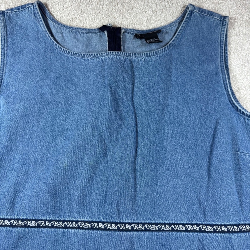 Style & Co Woman Blue Denim Sleeveless Shift Dress Plus Size 22W Floral Trim